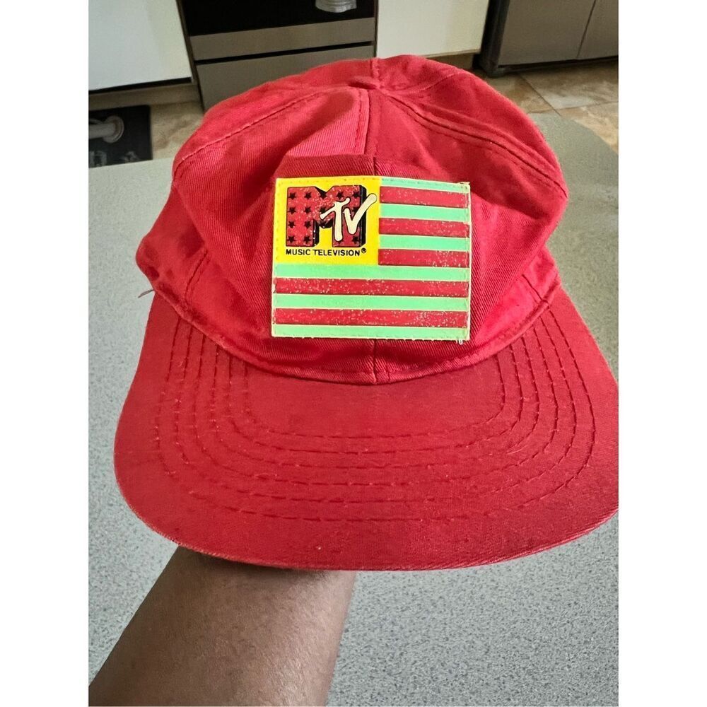 Vintage Official MTV Red Baseball Cap Dad Hat Adjustable Neon Flag 1990 90s rare